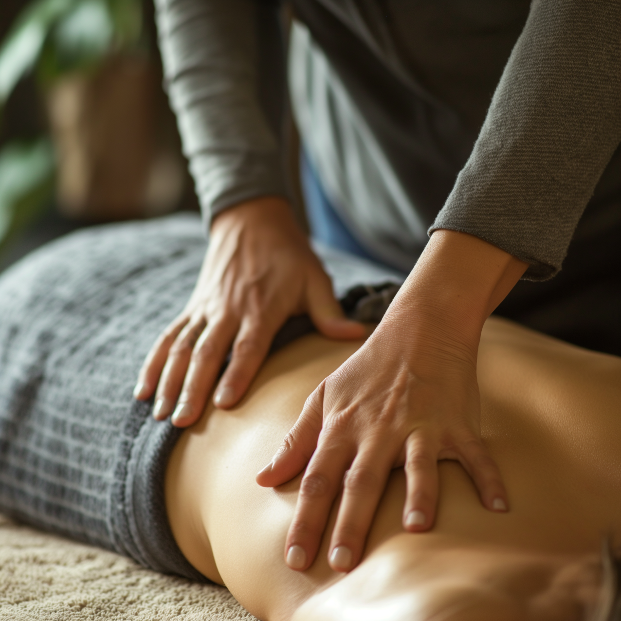 Someone lying on their stomach receiving a massage. The therapists hands are visible on the patient's back. Depicts chiropractic care and massage
