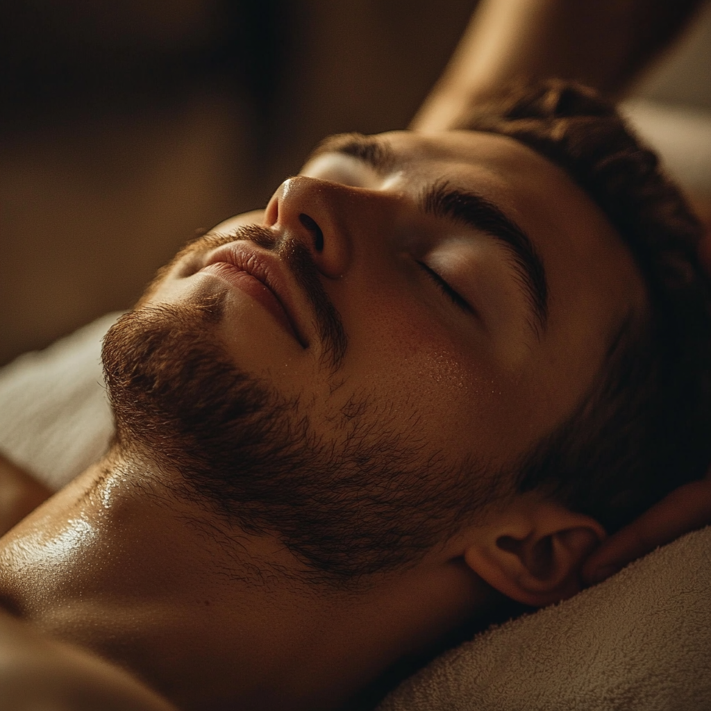 A man laying down, eyes closed, a calm look on his face. Depicts what to do after a massage.