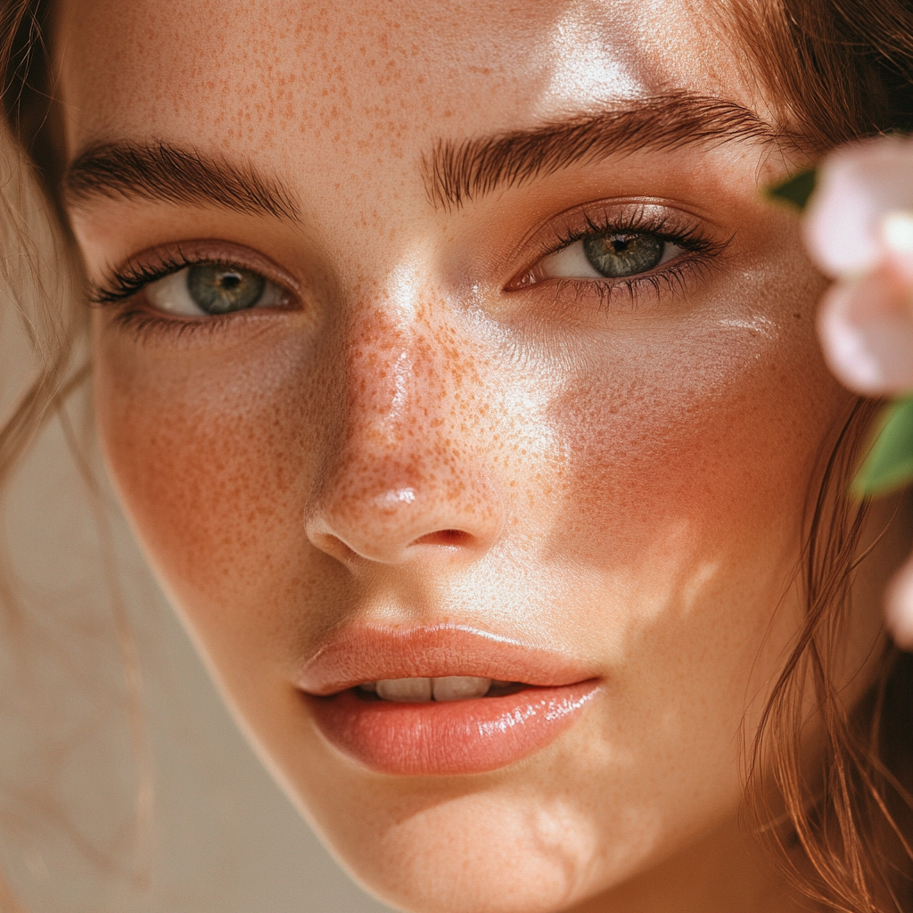 A young woman's face with beautiful skin. Depicts 5 essential vitamins for glowing skin.