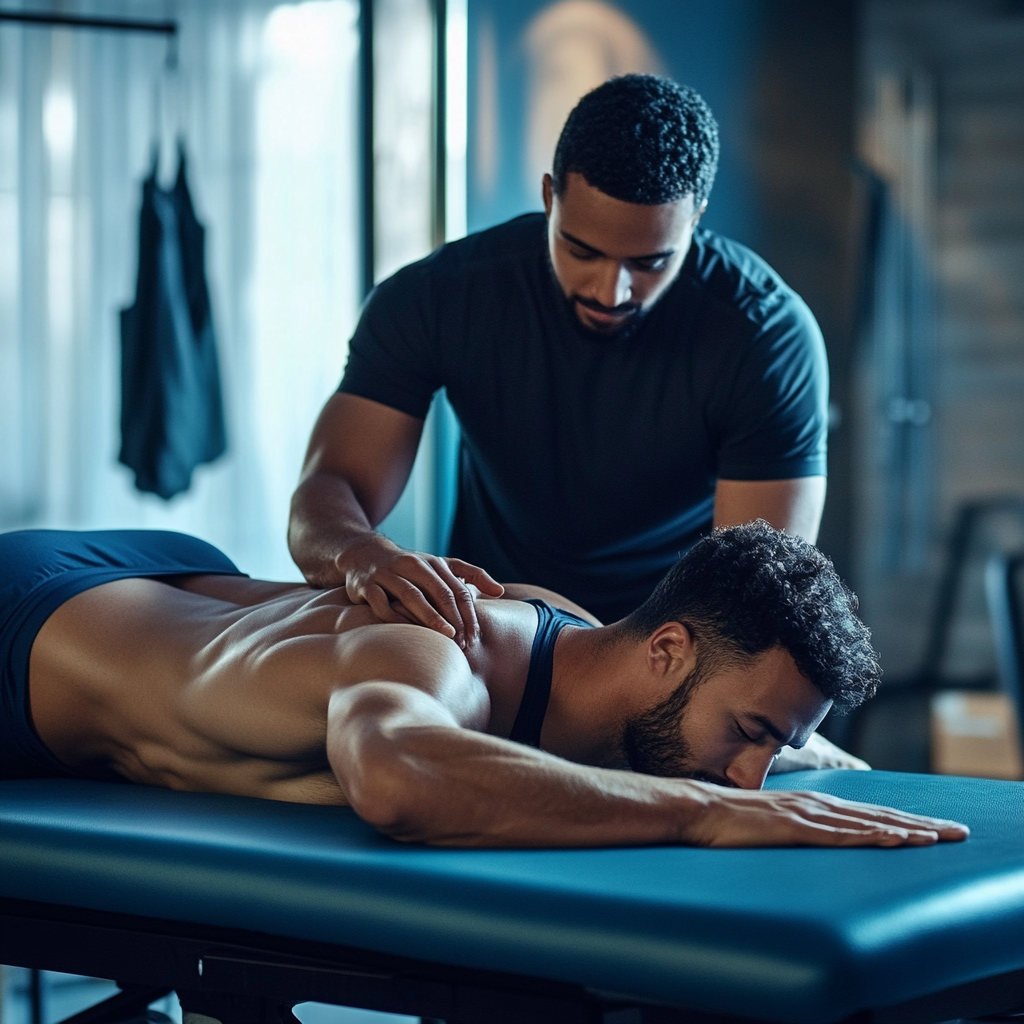 A male athlete lies shirtless on a massage table while being treated by a masseuse. Depicts massage therapy for athletic performance.