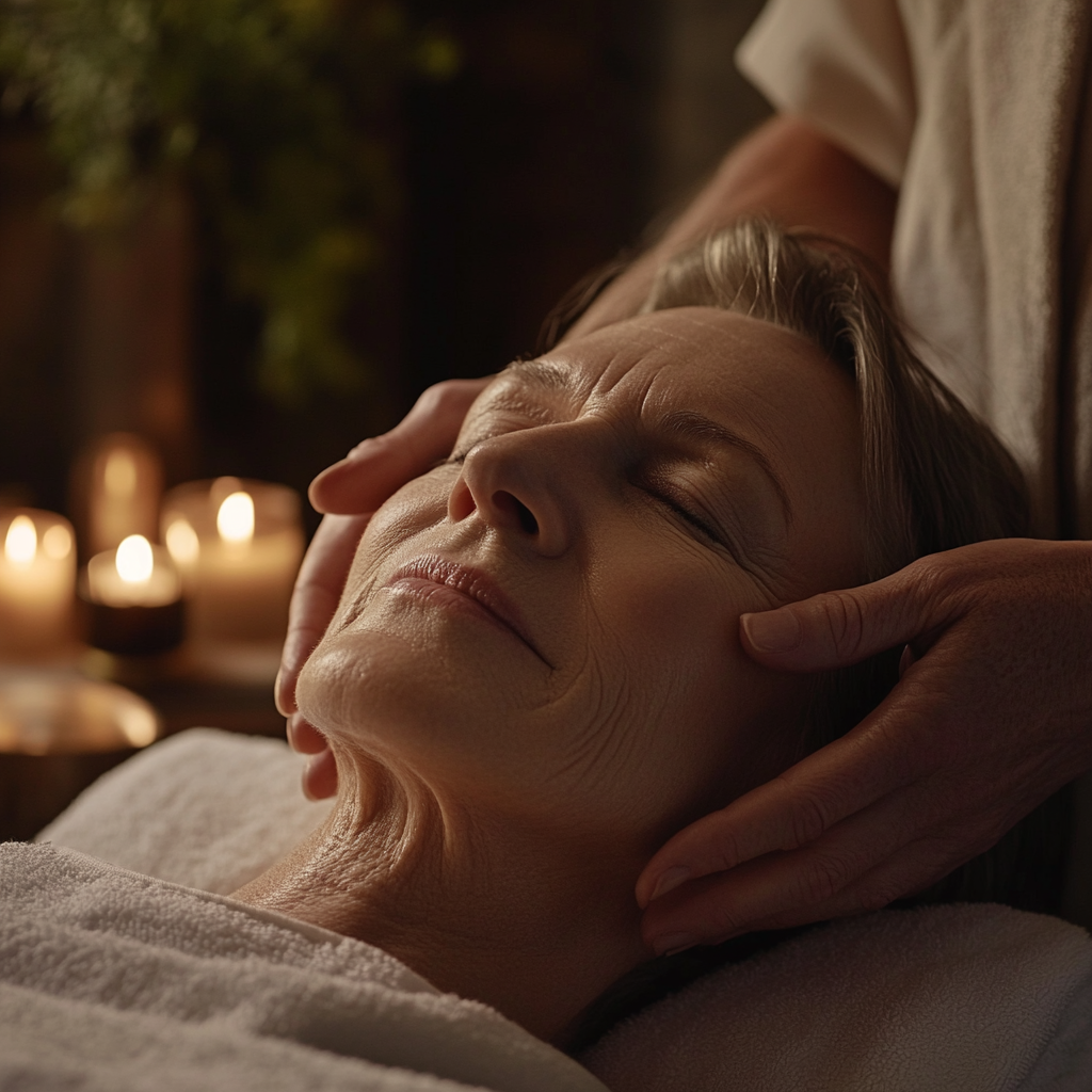 A middle-aged person receiving a facial, a calm look on their face. Depicts an anti-aging facial.